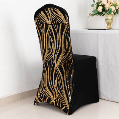 Elegant black chair cover with gold sequin design, perfect for events or decor.