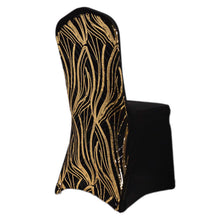 Black Gold Spandex Stretch Banquet Chair Cover With Wave Embroidered Sequins#whtbkgd