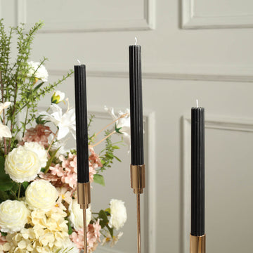5 Pack Black Premium Unscented Ribbed Wick Taper Candles, Tall Ribbon Wax Dinner Candles 9"