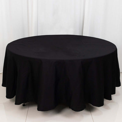Black round tablecloth with flowing hem for elegant table settings.