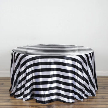 Elegant Black and White Stripe Satin Round Tablecloth 120