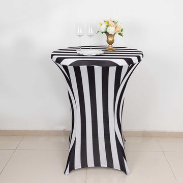 Black/White Striped Spandex Fitted Cocktail Table Cover