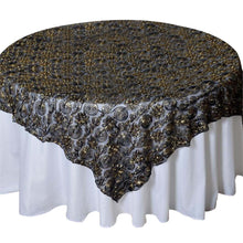 Black And Gold Satin Sequin Floral Embroidered Lace Table Overlay 72 Inch x 72 Inch