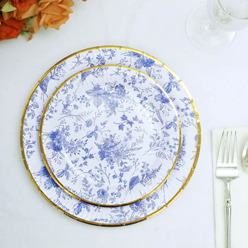 25 Pack | 7" Blue Chinoiserie Floral Paper Dessert Plates With Gold Rim, Round Disposable Salad Appetizer Plates