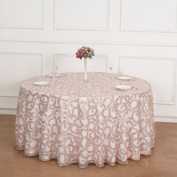 Rose Gold Sequin Leaf Embroidered Seamless Tulle Round Tablecloth, Sheer Table Overlay 120"