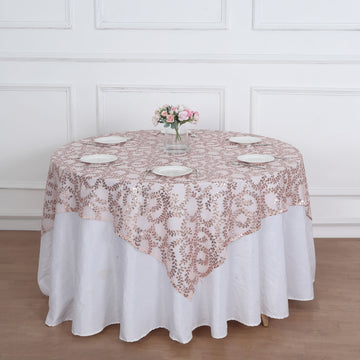 Rose Gold Sequin Leaf Embroidered Seamless Tulle Table Overlay, Square Sheer Table Topper 72"x72"