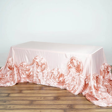 Blush Seamless Large Rosette Rectangular Satin Tablecloth 90"x156" for 8 Foot Table With Floor-Length Drop