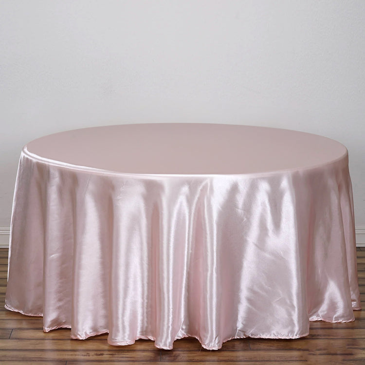 120 Inch Round Tablecloth In Blush Rose Gold Satin