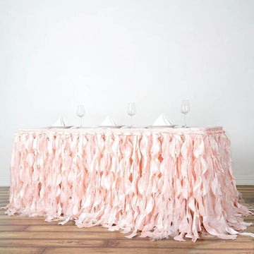 Elegant Blush Curly Willow Taffeta Table Skirt for Stunning Event Decor