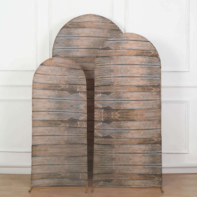 Three wooden arch panels in varying sizes against a white backdrop.