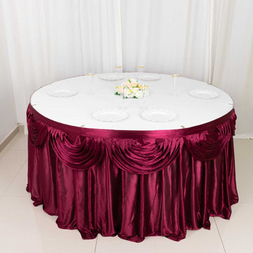 Add Elegance to Your Event with the Burgundy Pleated Satin Table Skirt