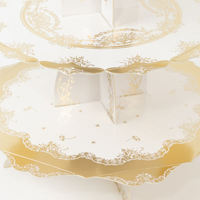 Elegant white and gold tiered cake stand