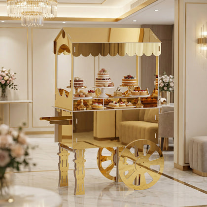 6ft Candy Cart Gold Mirrored Display Stand with Wheels and Shelf, Dessert Cart for Event Decor