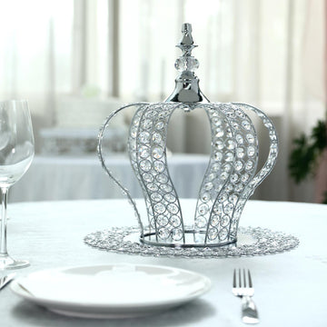 Make Every Occasion Special with the Metallic Silver Crystal-Bead Royal Crown Cake Topper