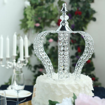 Add a Touch of Elegance with the Metallic Silver Crystal-Bead Royal Crown Cake Topper