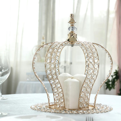 Elegant gold crown candle holder with three white candles.