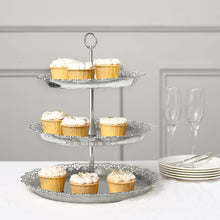 15inch Metallic Silver 3-Tier Round Plastic Cupcake Display Tray Tower With Lace Cut Edges
