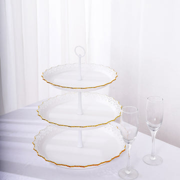 Elegant White 3-Tier Cupcake Tray with Gold Scalloped Edges
