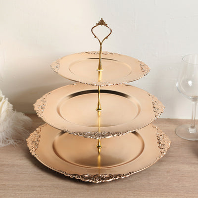 Elegant three-tiered serving stand in gold finish.