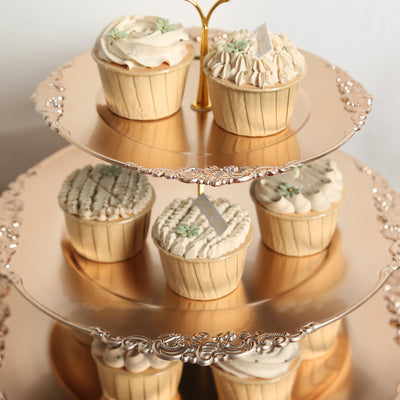 Assorted gourmet cupcakes on an elegant three-tiered stand.
