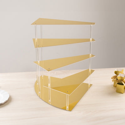 Gold acrylic display stand with four tiers for showcasing items.