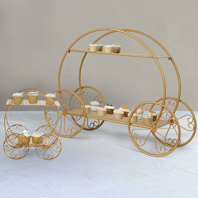 Gold cupcake stand in carriage design, perfect for events and celebrations.