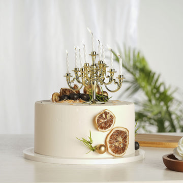 Add Elegance to Your Celebration with the Metallic Gold Candelabra Cake Topper