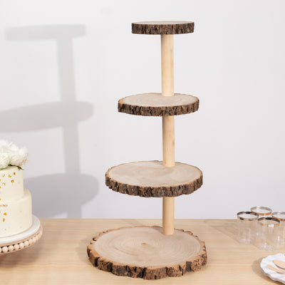 Wooden cake stand with natural bark edges and three tiers.