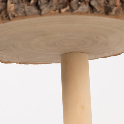 Natural wood table with a round top and cylindrical leg.