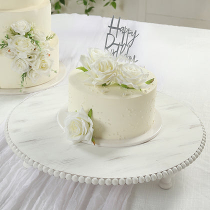 Wooden Pedestal Cake Stand 18" – Antique White Beaded Riser, Rustic Wood Slice or Cupcake Display