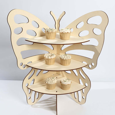 Butterfly-shaped cupcake stand with three tiers and decorative cutouts