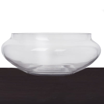 Clear glass bowl with a rounded shape and smooth surface.