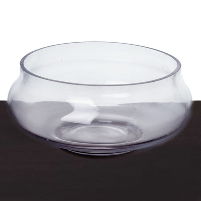 Clear glass bowl with curved edges and smooth finish.