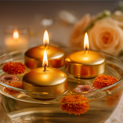 Floating gold candles in a glass bowl with flowers, creating a calming atmosphere.