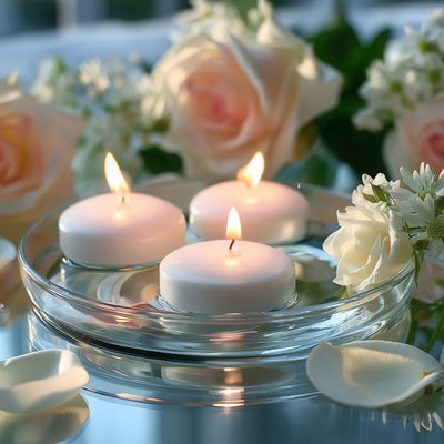 Floating white candles surrounded by roses and petals in a serene setting.