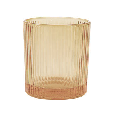 Amber ribbed glass tumbler with a stylish design.