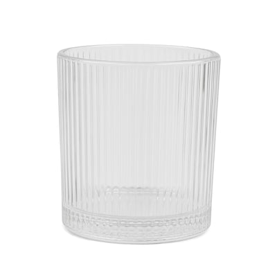 Clear ribbed glass tumbler with a textured base.