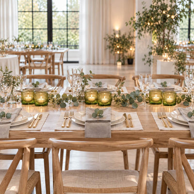 Elegant rustic dining table set in a bright modern event venue