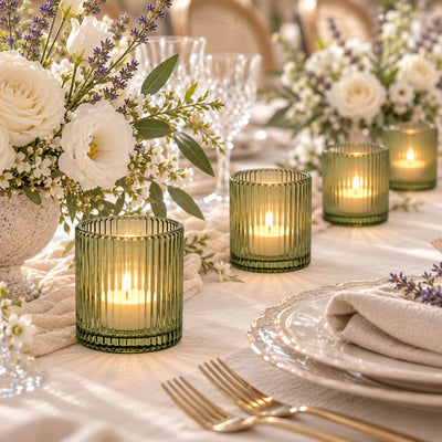 Elegant floral table setting with green candle holders and white roses