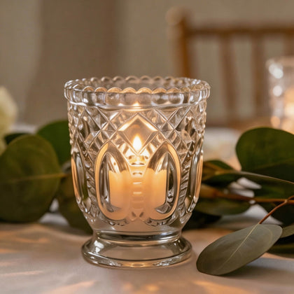 6 Pack Clear Glass Candle Holders 3" – Vintage Textured Decorative Candle Cups for Wedding Table Centerpieces & Gift Decor