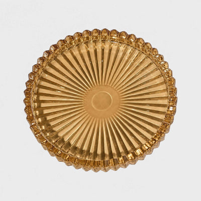 Amber ribbed glass serving tray with scalloped edge, top view