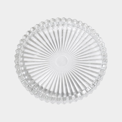 Clear ribbed glass serving tray with scalloped edge, top view
