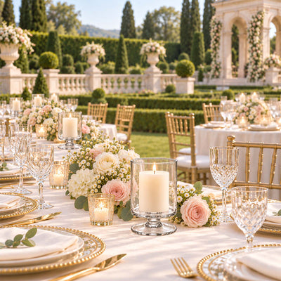 Elegant outdoor garden wedding reception with floral table settings and candles