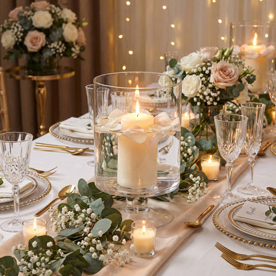Elegant wedding table centerpiece with candles, roses, and gold table settings