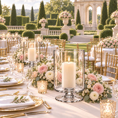 Elegant outdoor wedding reception with candles, pastel flowers, and gold seating