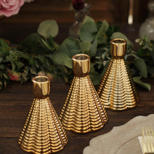 3 Pack | 5inch Metallic Gold Ribbed Ceramic Taper Candle Holders
