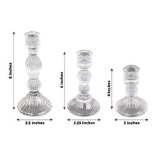 Set of 3 Clear Fluted Glass Taper Candle Holders, Ribbed Crystal Candlestick Stands