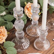 Set of 3 Clear Fluted Glass Taper Candle Holders, Ribbed Crystal Candlestick Stands