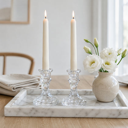 12 Pack Clear Glass Taper Candle Holders, 4" Reversible Votive Candle Stand - Faceted Pedestal Design
