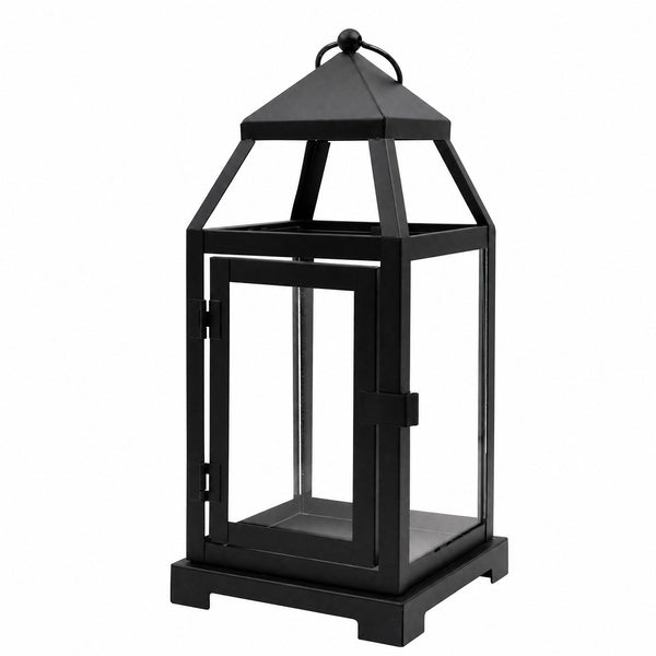 Black metal glass lantern candle holder with hinged door on white background